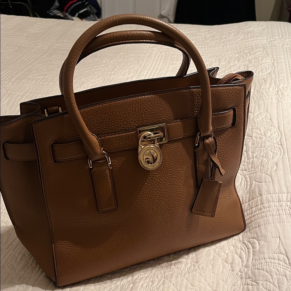 Michael Kors Cognac Pebbled Leather Satchel with Gold Hardware